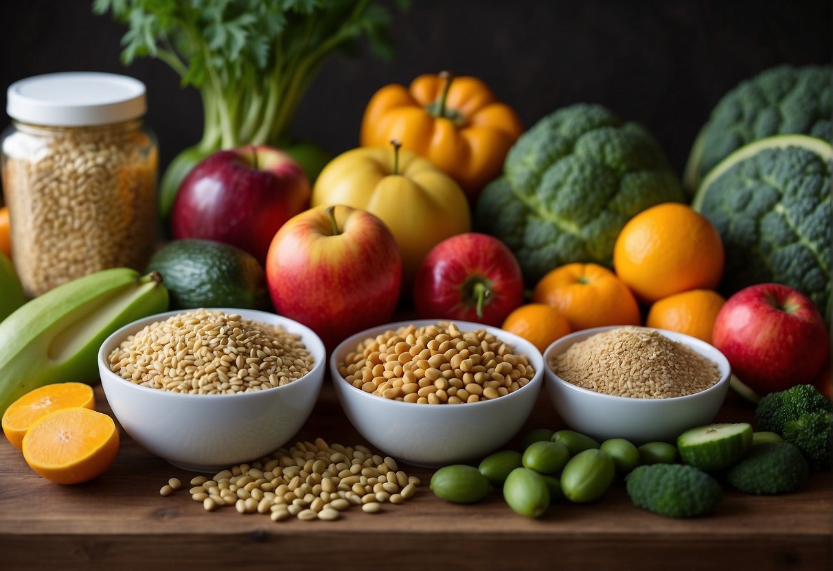 A colorful array of fresh fruits, vegetables, grains, and plant-based proteins arranged on a table, with a vibrant "Nutritional Foundations Vegan Diet Plan" banner in the background