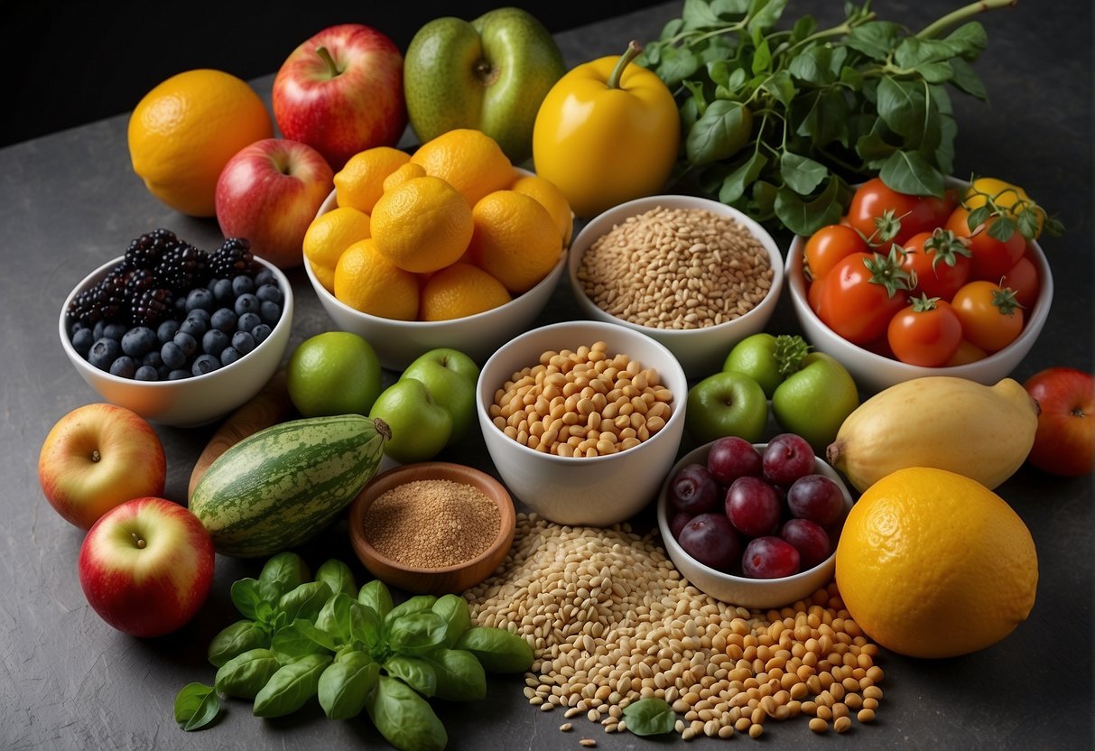 A colorful array of fresh fruits, vegetables, grains, and legumes arranged on a table, with a variety of plant-based recipes and meal plans spread out alongside