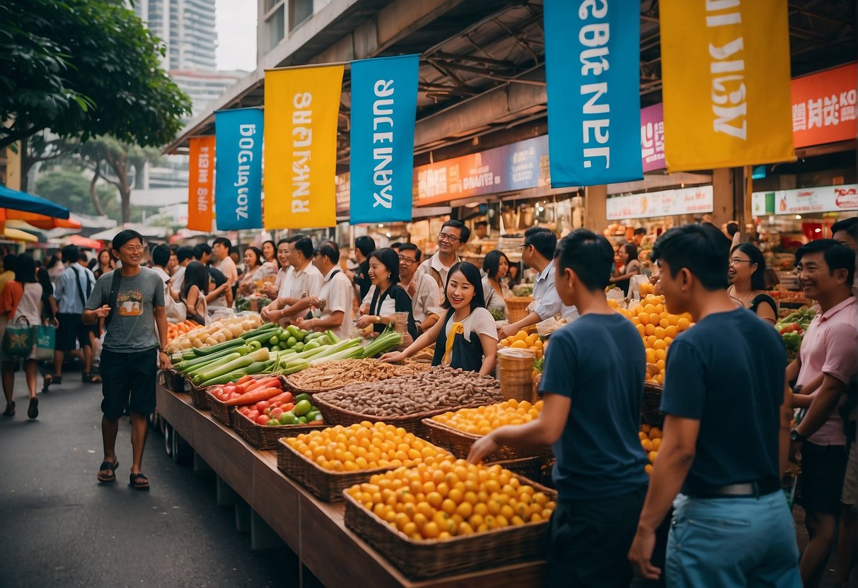 A vibrant street market with colorful banners and enthusiastic shoppers engaging with Nestle promotions in Singapore