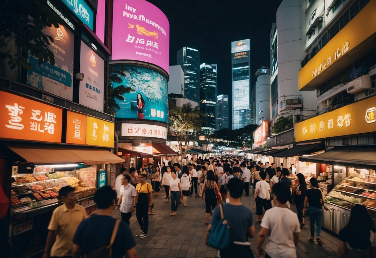 A bustling street in Singapore with vibrant signage for Mayer Promotions. Busy shoppers and colorful storefronts fill the scene