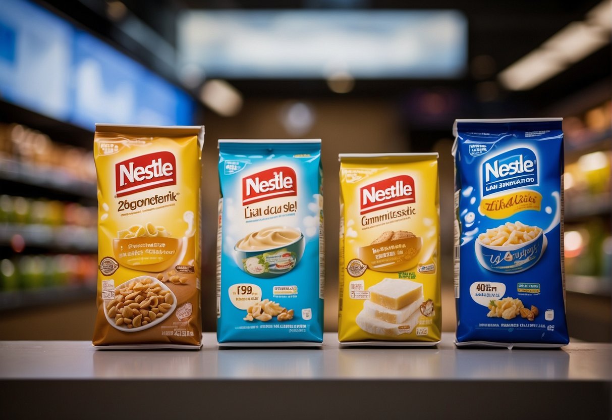 A bright spotlight illuminates a display of recent promotions for Nestle products in Singapore