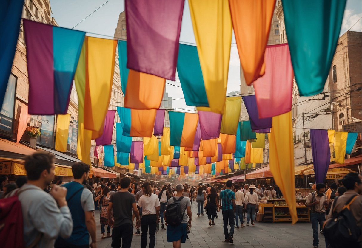 Colorful banners hang above a bustling crowd. A display showcases various products with discounted prices. Staff members assist eager customers