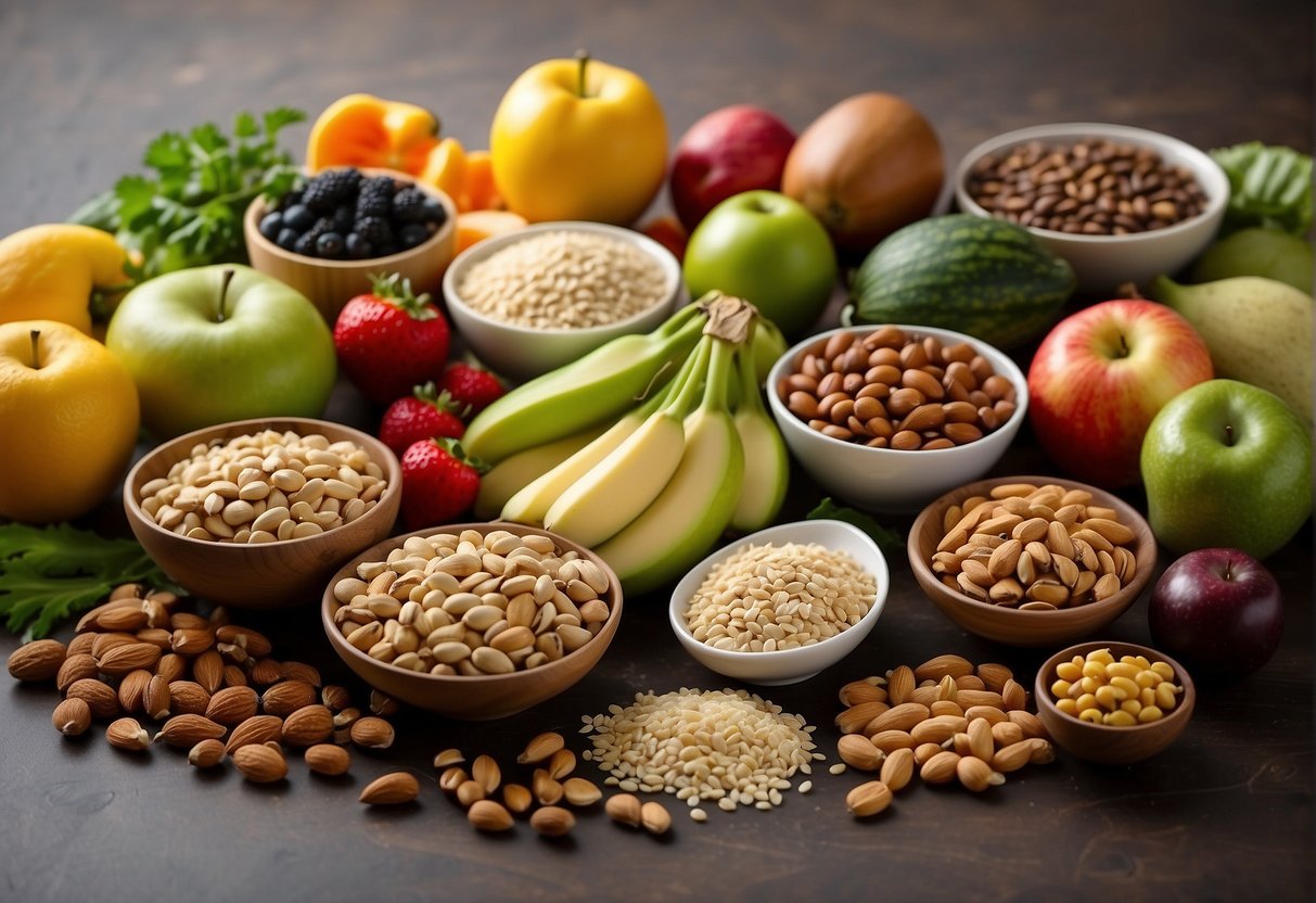 A colorful array of fruits, vegetables, grains, and plant-based proteins arranged on a table. A variety of nuts, seeds, and legumes accompany the main food groups