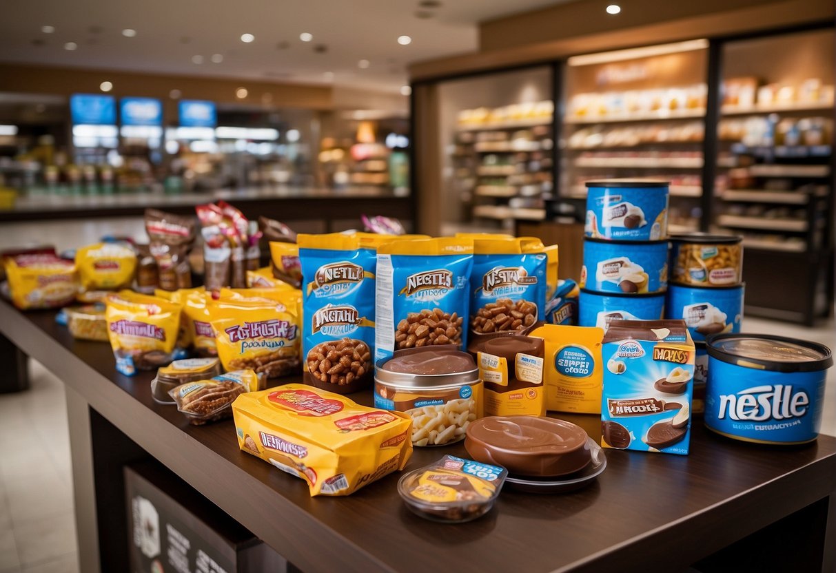 A table filled with Nestlé products, surrounded by promotional signage and banners. Customers eagerly grabbing items and scanning QR codes for discounts