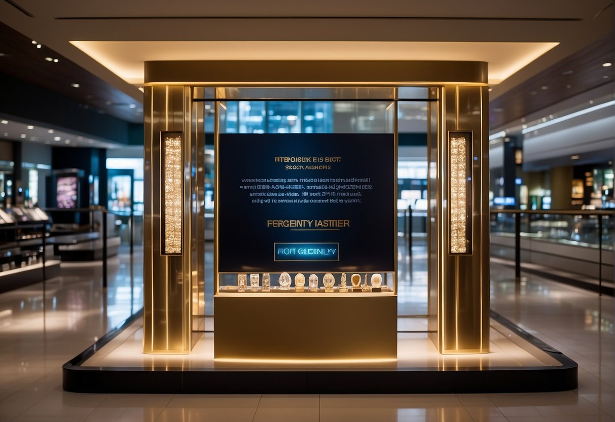 A display of elegant jewellery with "Frequently Asked Questions" signage in a bustling Singapore shopping mall. Glowing lights and sleek modern design create an inviting atmosphere for potential customers