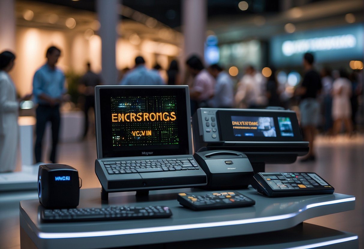 An array of sleek electronic devices displayed with prominent 'Exclusive Electronics Savings' signage at a Mayer Promotions event in Singapore