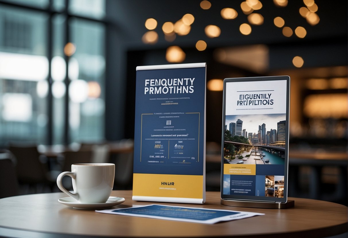 A table with promotional materials and a banner displaying "Frequently Asked Questions Mayer Promotions Singapore."