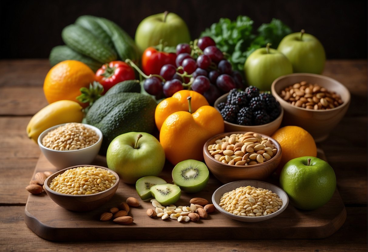 A colorful array of fresh fruits, vegetables, nuts, and grains arranged on a wooden table, with a cookbook open to a page titled "Vegan Recipes and Ideas Vegan Diet Plan."