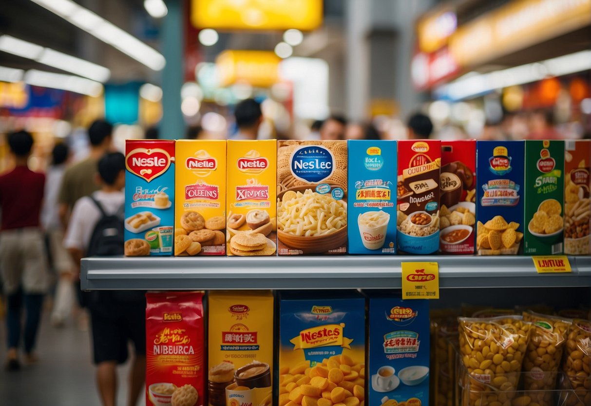 A colorful display of Nestle promotions in a bustling Singapore market. Signs and banners catch the eye, drawing in curious onlookers