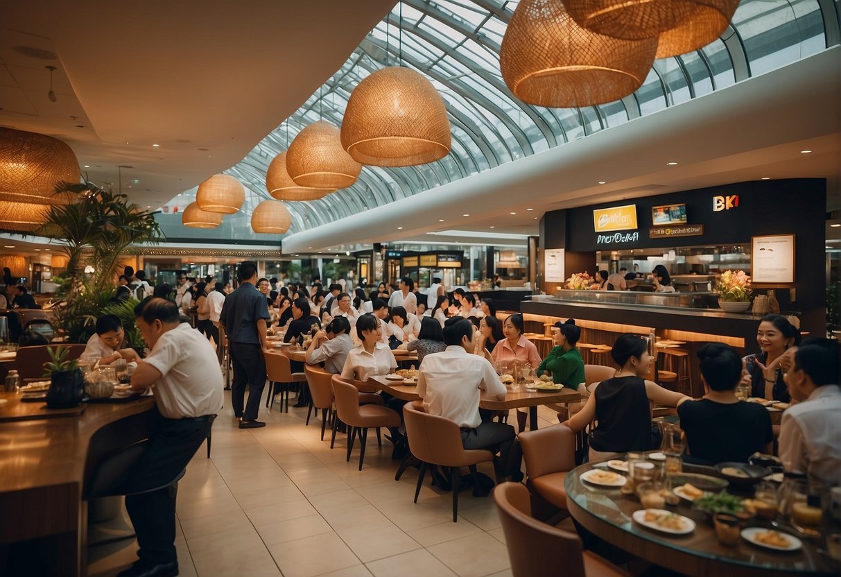 A bustling restaurant with a variety of food stations, diners enjoying their meals, and promotional banners for Metrodeal and Buffet 101 in Singapore