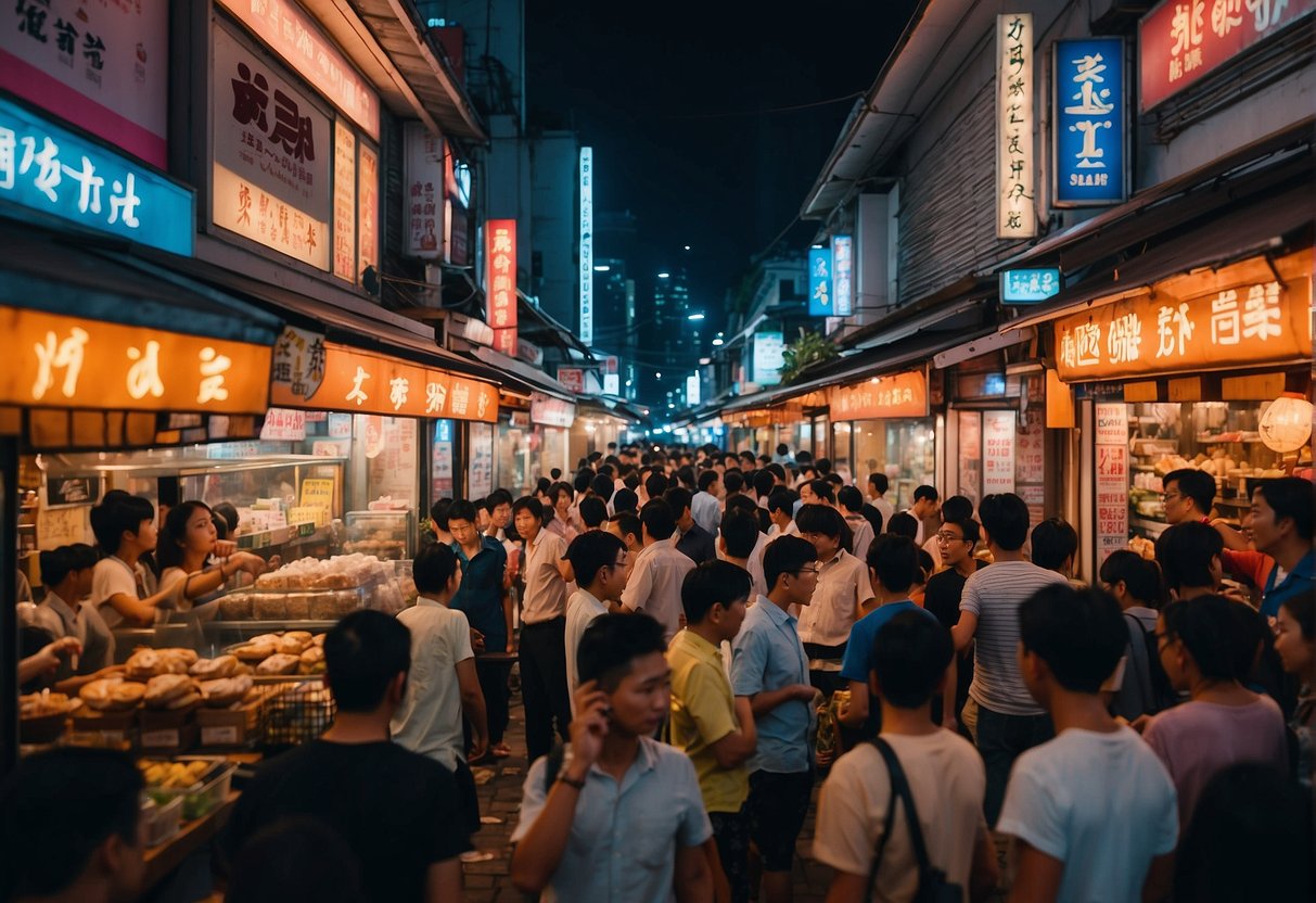 A bustling city street with bright neon lights and crowded storefronts, showcasing the vibrant energy of Kiseki Promotions in Singapore
