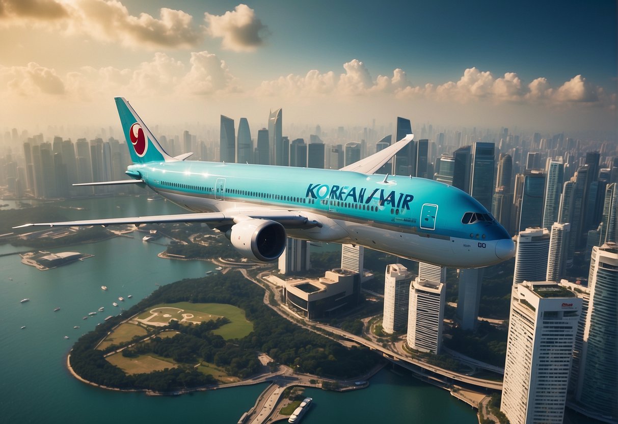 A Korean Air plane flying over the iconic skyline of Singapore, with the city's landmarks in the background