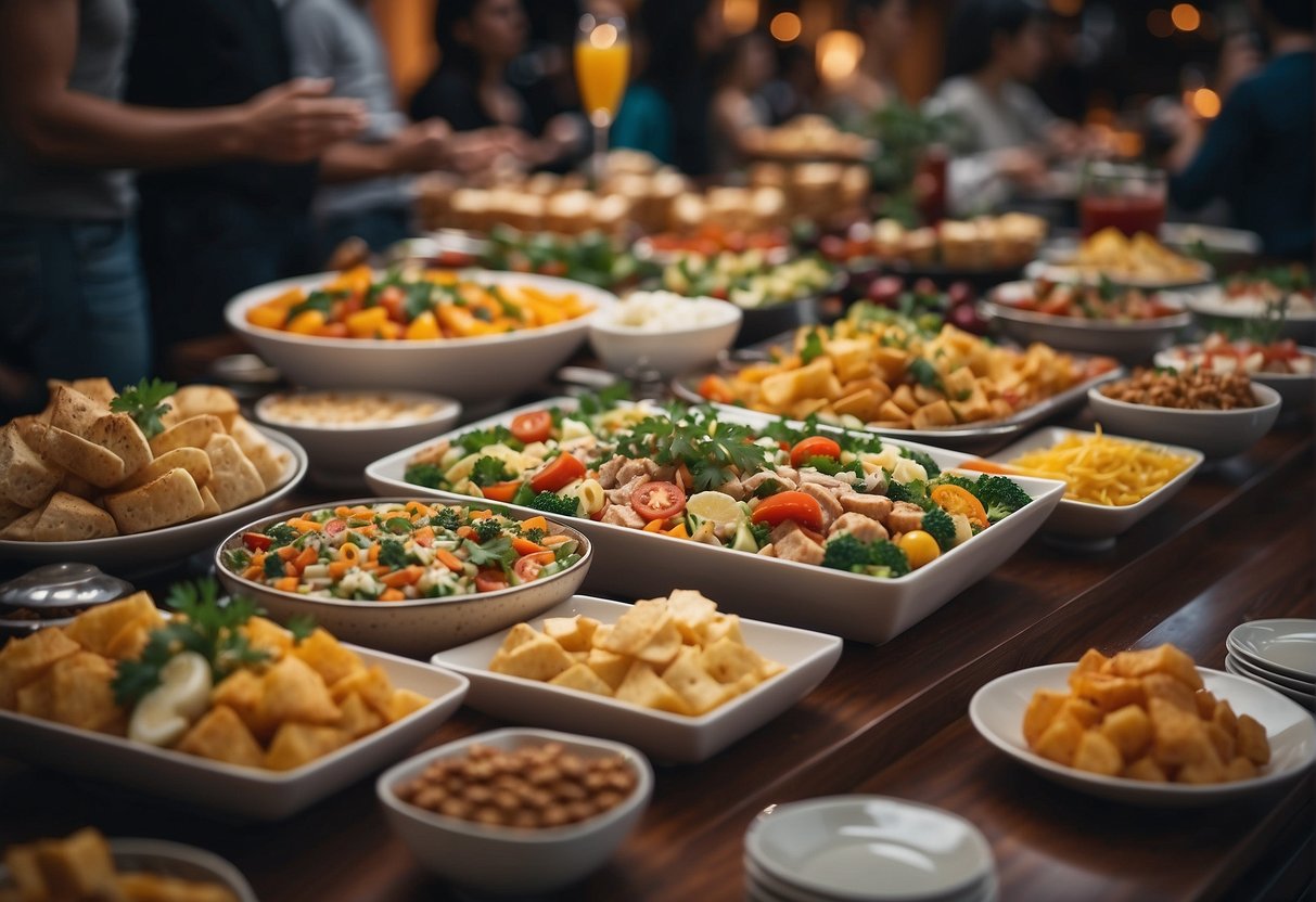 A colorful buffet spread with various dishes and drinks, surrounded by happy customers enjoying the promotion
