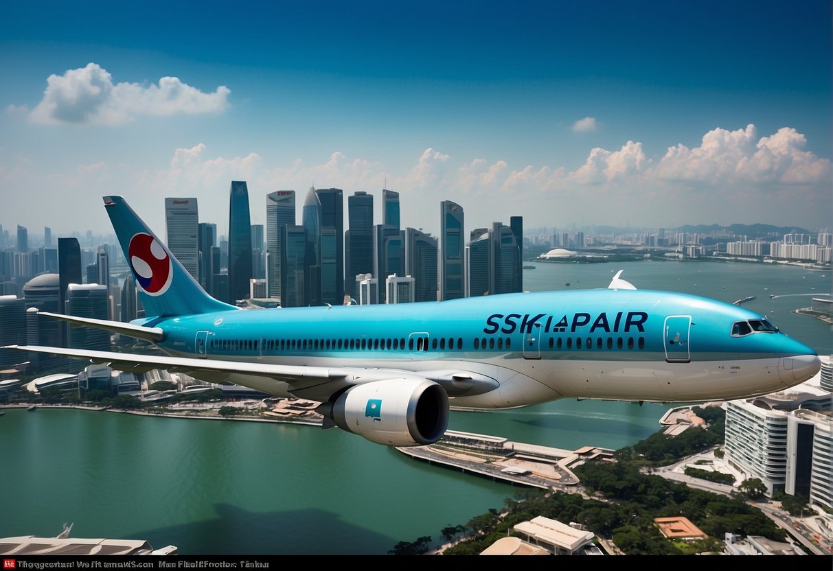 A sleek Korean Air plane soaring above the iconic Singapore skyline, with a bold "Exclusive Travel Deals for 2024" banner displayed prominently
