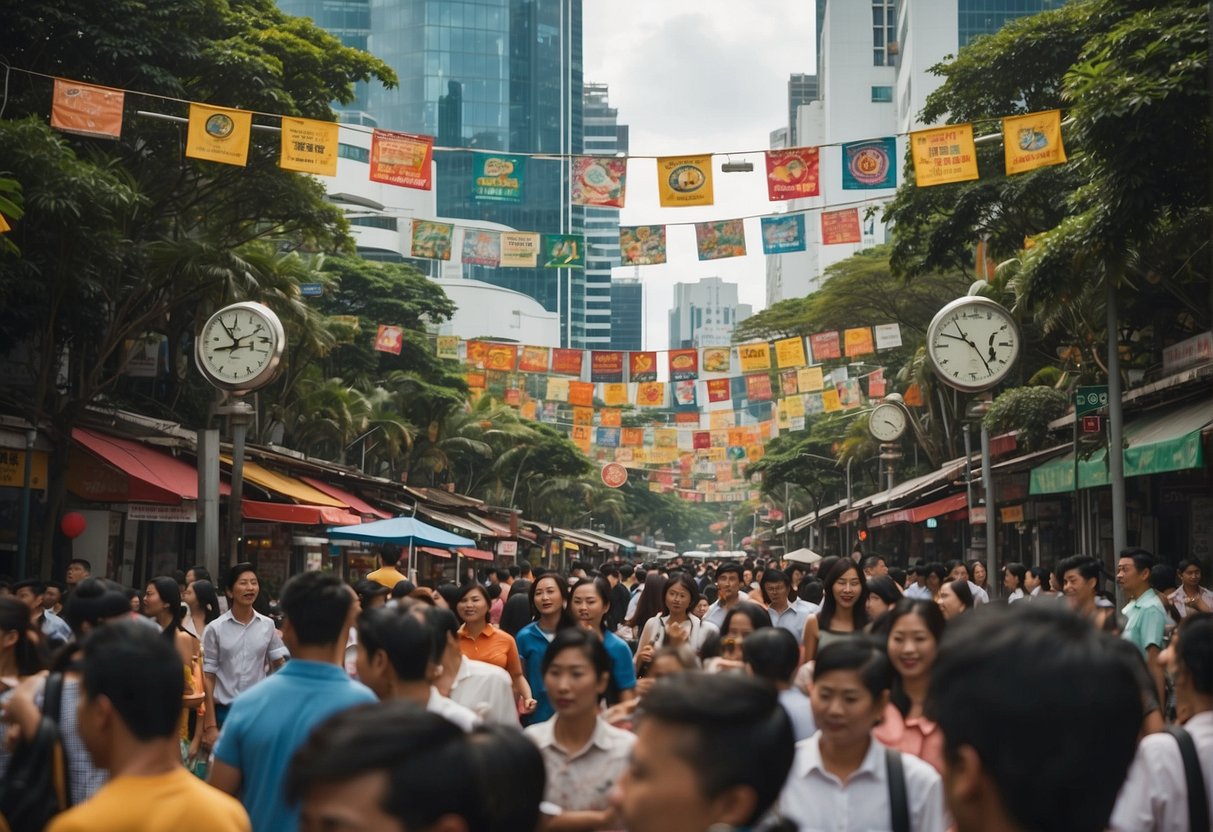 A bustling city street in Singapore with colorful banners and signs promoting Oasis, creating a vibrant and energetic atmosphere