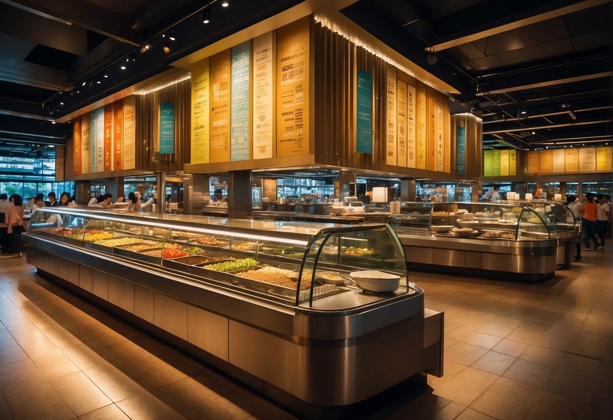 A bustling buffet restaurant in Singapore, with wide aisles and ramps for wheelchair accessibility. Brightly lit and decorated with colorful banners for Metrodeal promotions