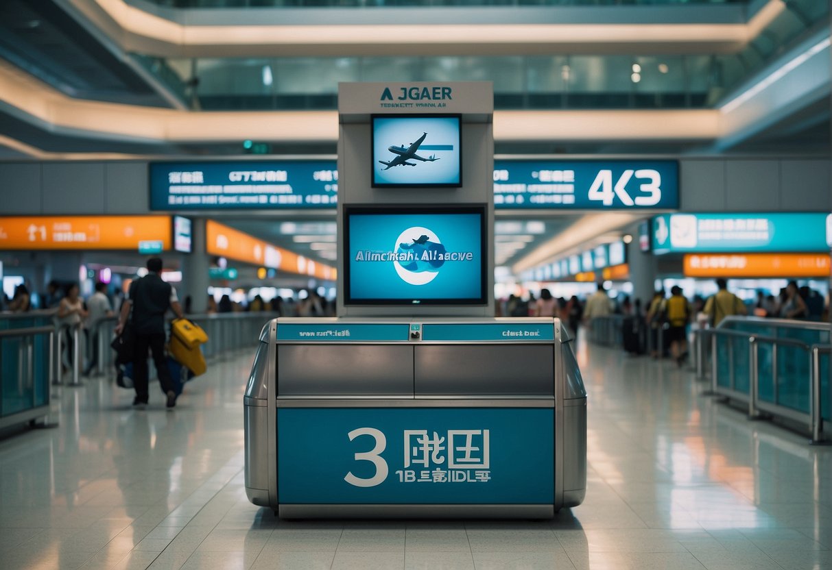 A bustling airport terminal with a prominent Korean Air signage and a promotional display for Singapore, with travelers and luggage in the background