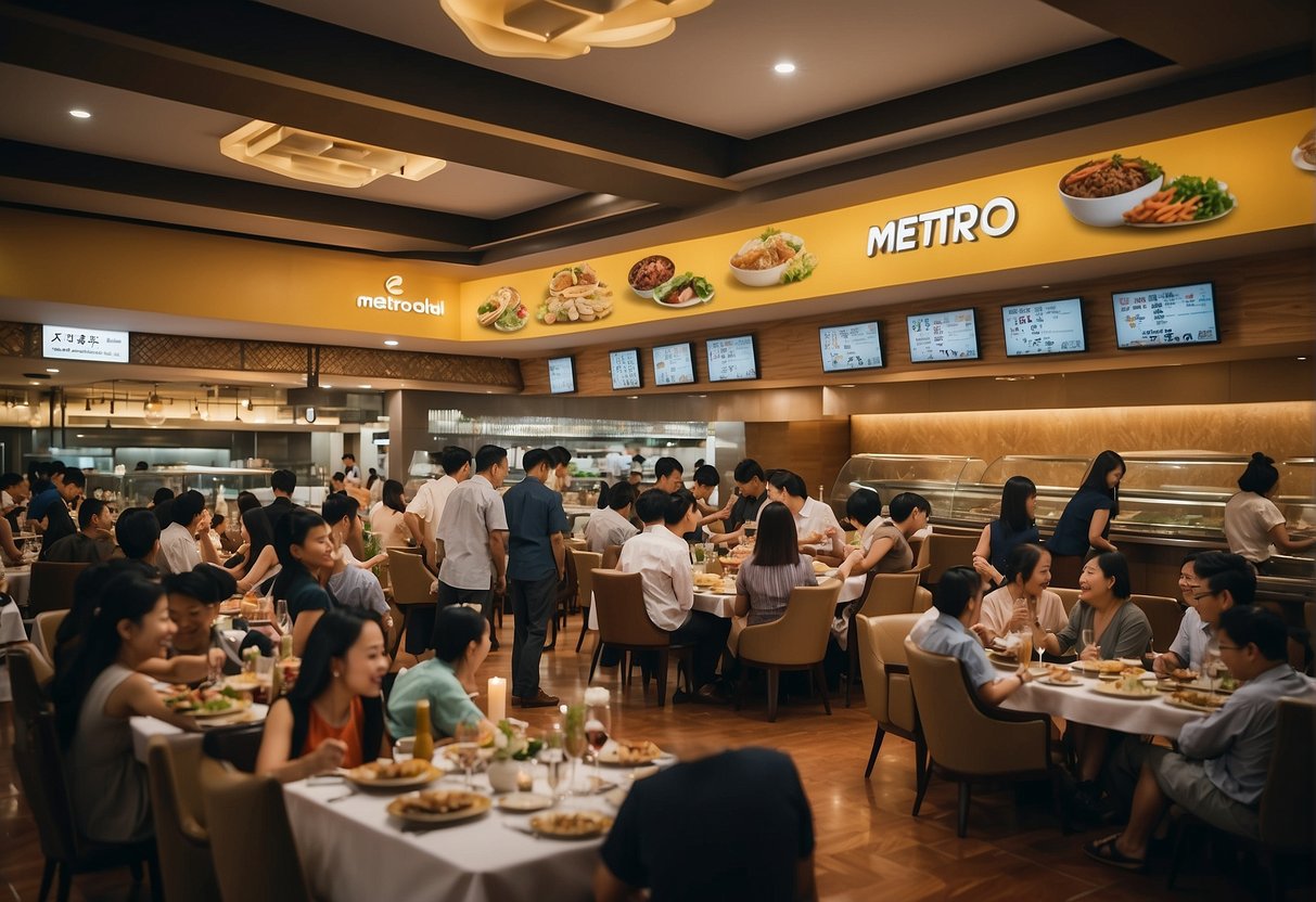 A bustling buffet restaurant with people enjoying a variety of dishes. A sign promoting Metrodeal and Buffet 101 promotions in Singapore is prominently displayed