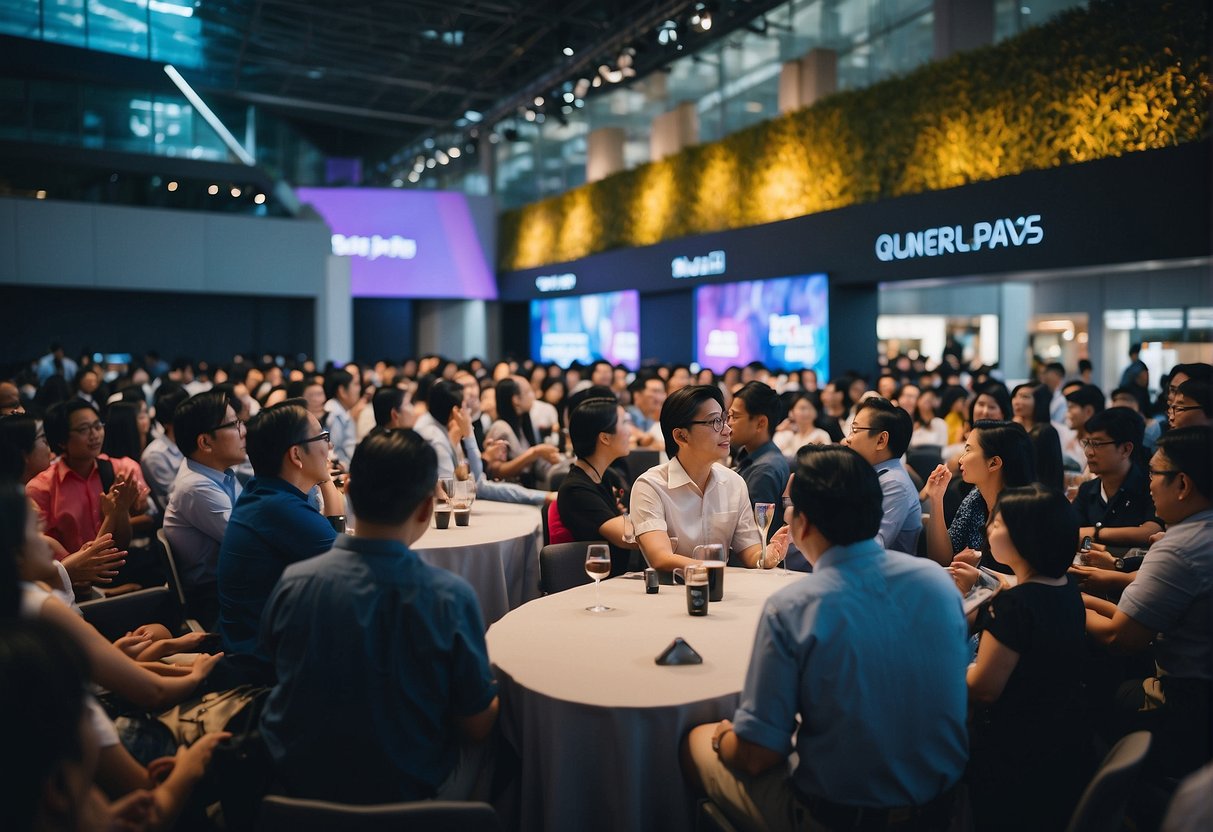 A vibrant and bustling promotional event in Singapore, with people engaging in Q&A sessions and exploring various products and services