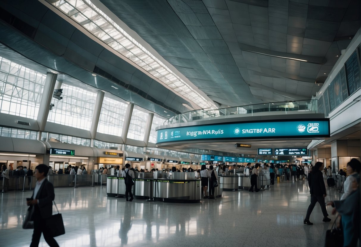A bustling airport terminal with Korean Air signage and a promotional banner for Singapore flights