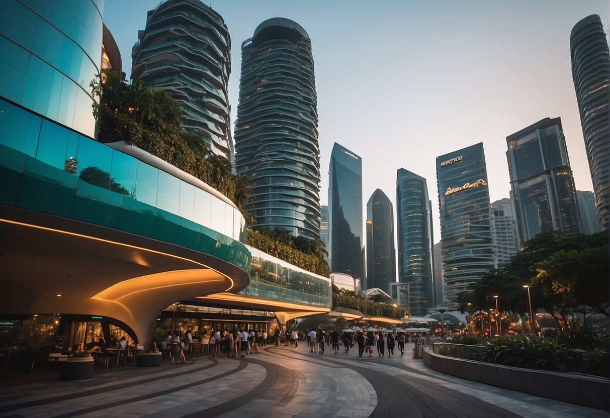 2024 oasis promotions Singapore: A vibrant cityscape with futuristic buildings, glowing signs, and bustling streets, showcasing the excitement and exclusivity of the upcoming promotions