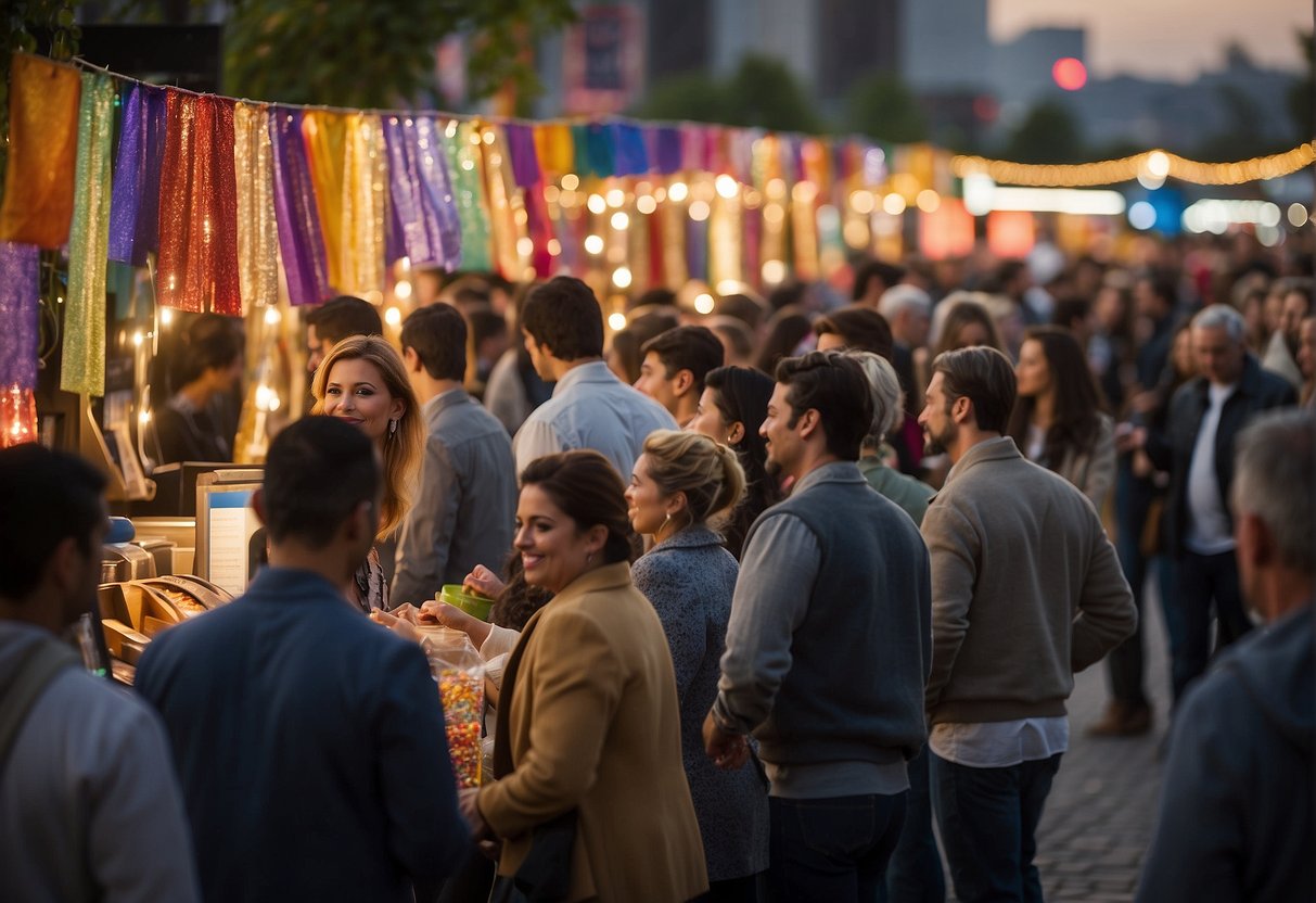 A bustling event with people lining up at a booth, surrounded by colorful banners and promotional materials. A staff member engages with a customer while others browse the displays