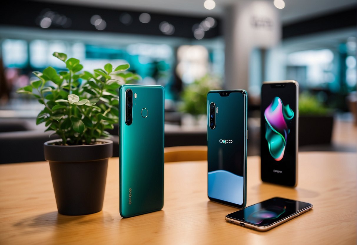 Vibrant display of Oppo promotions in Singapore, featuring sleek smartphones and eye-catching accessories