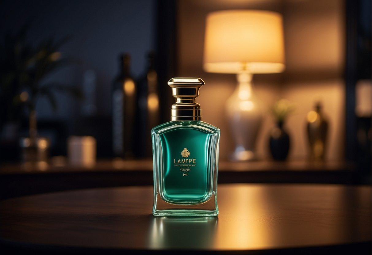 A bottle of Lampe Berger sits on a sleek, modern table in a dimly lit room, with the soft glow of the lamp illuminating the space