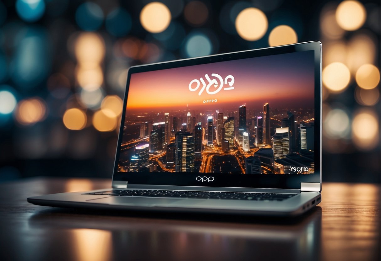 A laptop displaying "Exciting Online Shopping Offers" with the logo of Oppo and promotions for Singapore