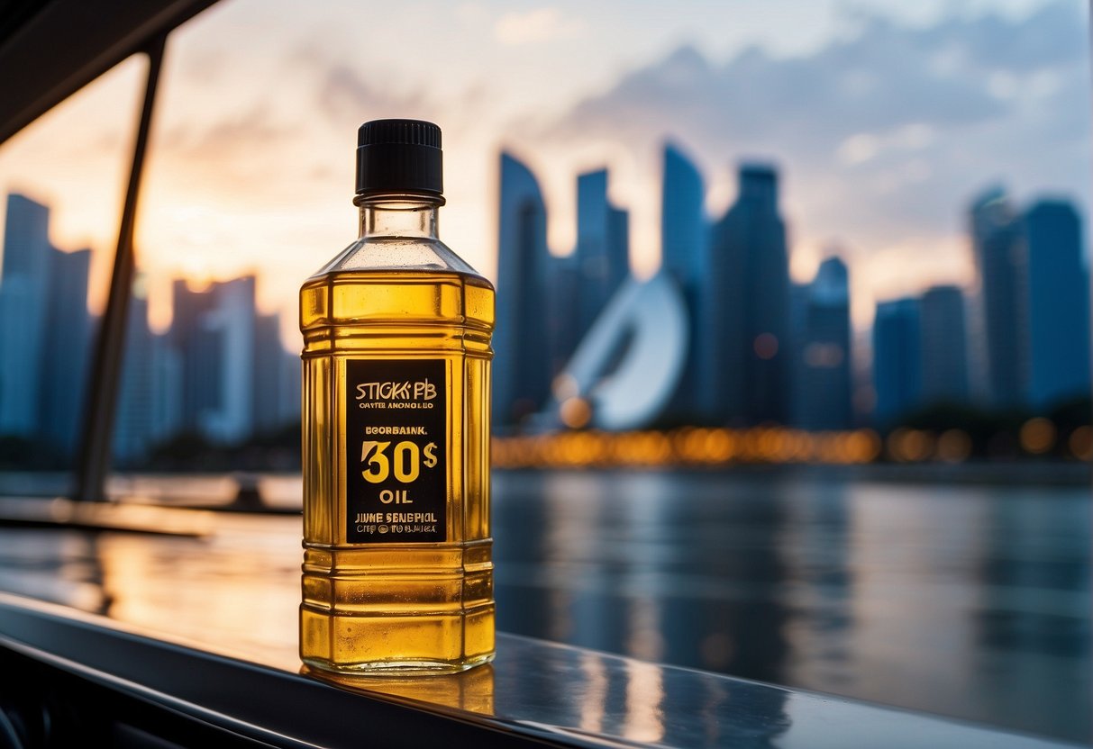 A car engine oil bottle displayed with Singaporean landmarks in the background