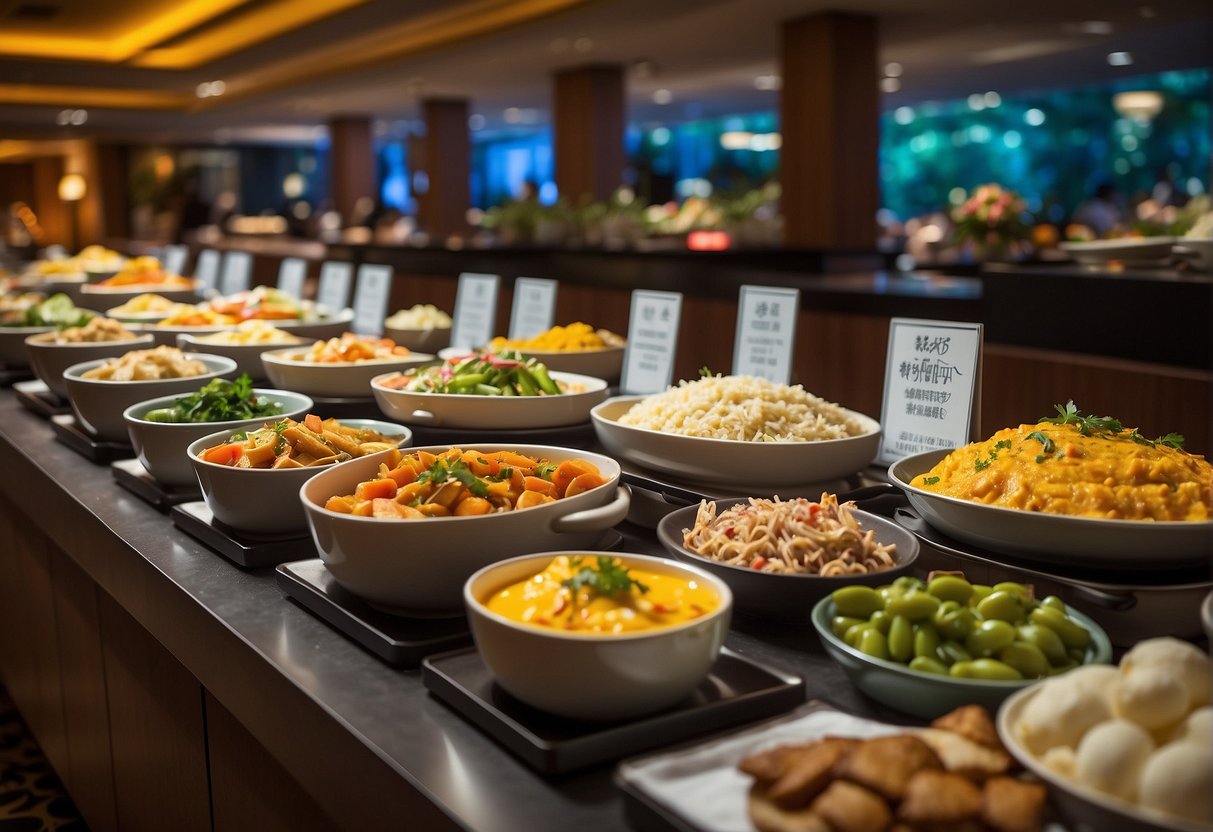 A colorful array of international dishes fills the buffet tables at Pan Pacific Singapore, with enticing signage promoting special promotions