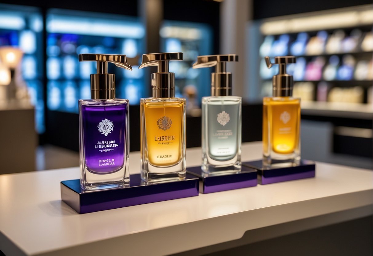 A table with various 2024 Lampe Berger products displayed, alongside promotional banners and signs in a brightly lit store in Singapore