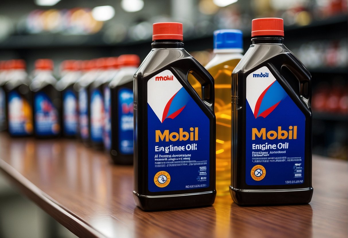 A display of Mobil engine oil bottles with promotional signage in a Singaporean auto shop