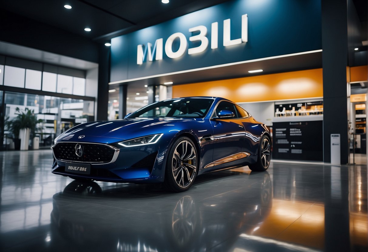 A sleek car parked in front of a vibrant promotional display for Innovative Car Care Solutions mobil engine oil in Singapore