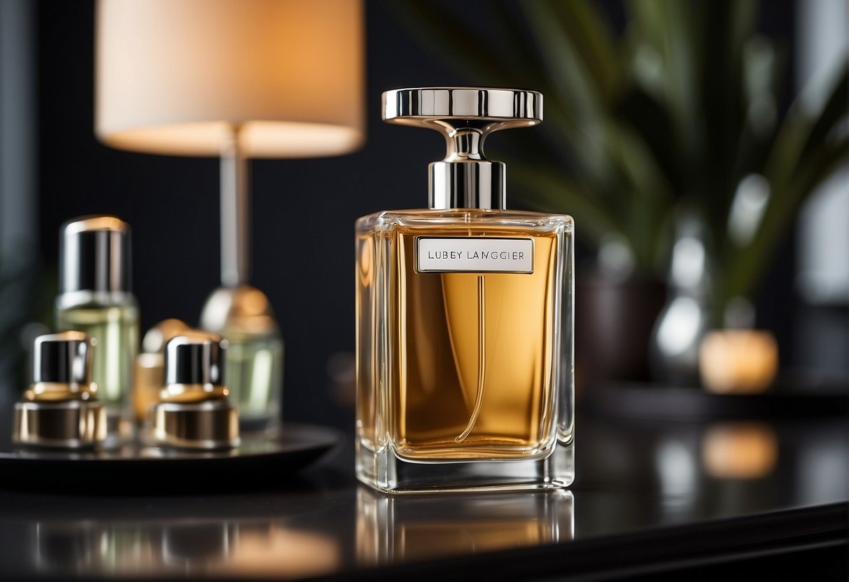A sleek, modern lampe berger sits on a polished shelf, surrounded by elegant fragrance oils and diffusers. Soft lighting highlights the luxurious accessories