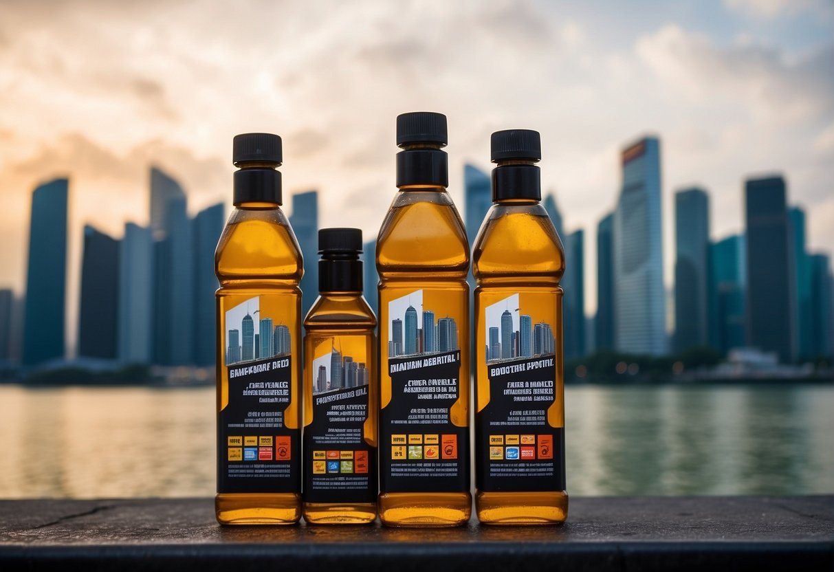 A stack of engine oil bottles with promotional stickers, surrounded by FAQ signs and a Singapore cityscape backdrop