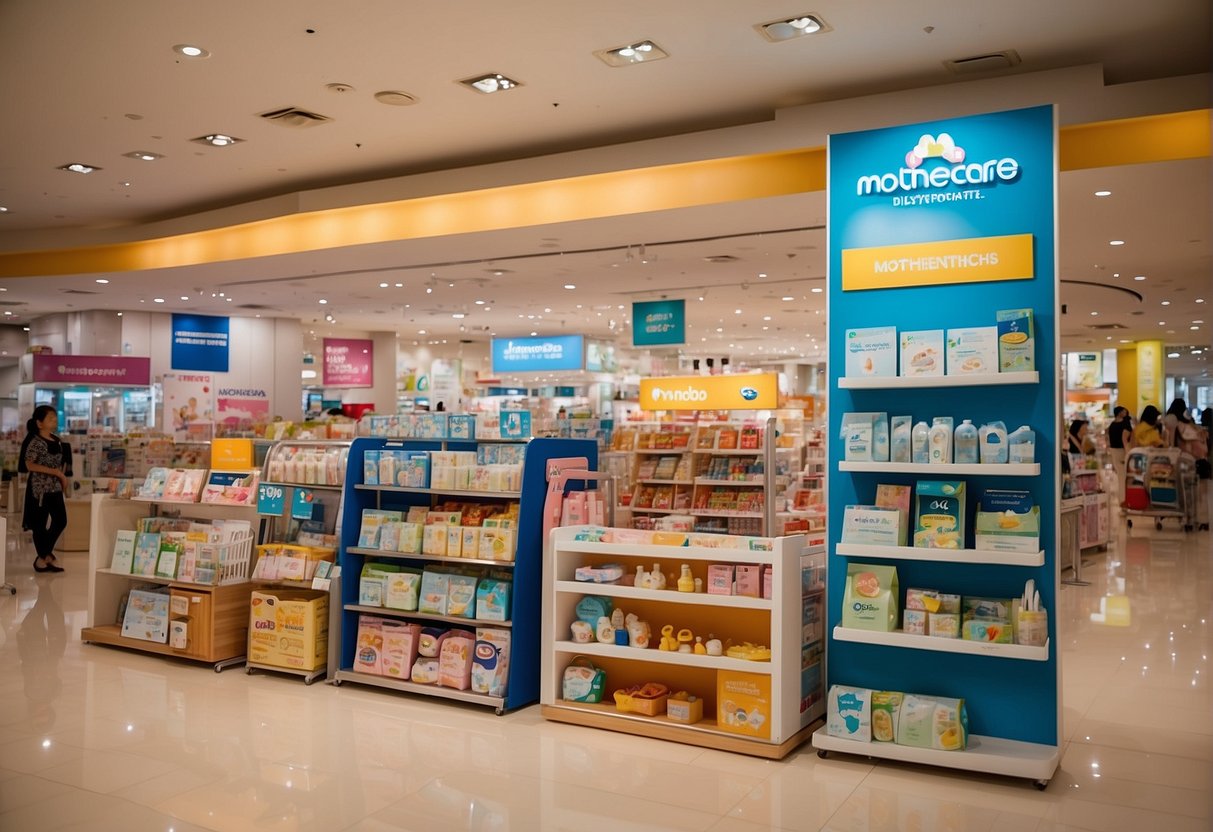 A colorful display of Mothercare promotions in Singapore, with various baby products and attractive discounts, surrounded by happy families and helpful staff