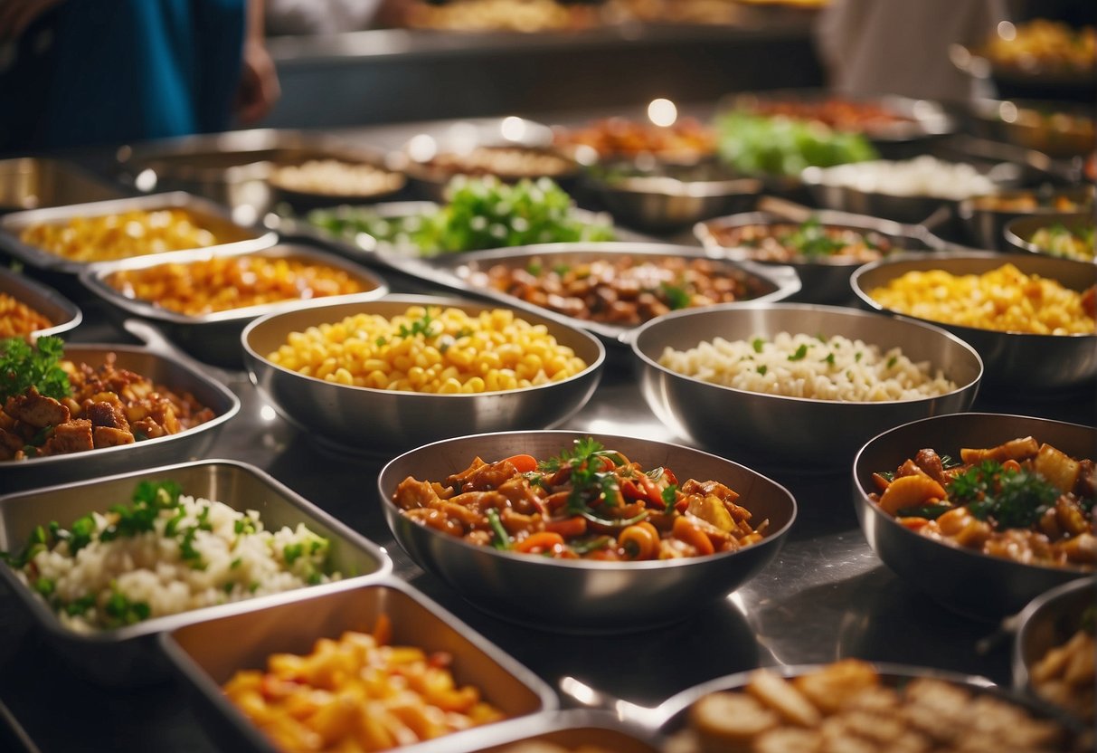 A vibrant display of diverse cuisines at a bustling buffet event, with colorful dishes and tantalizing aromas filling the air