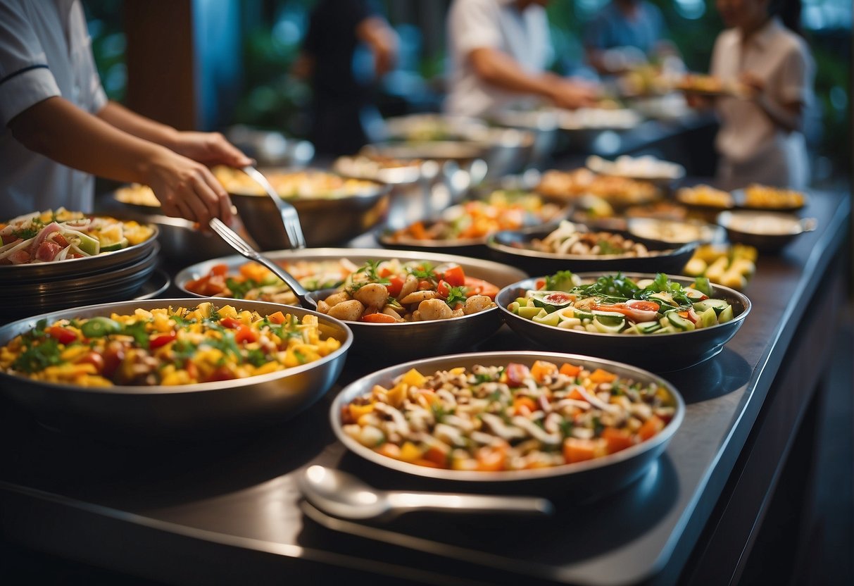 A colorful buffet spread with various cuisines, surrounded by happy diners enjoying the Pan Pacific promotions in Singapore