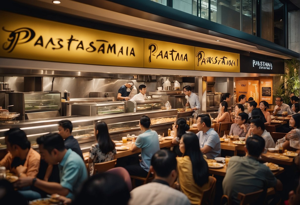 A bustling restaurant with vibrant signage and a crowd of happy customers enjoying exclusive Pastamania promotions in Singapore