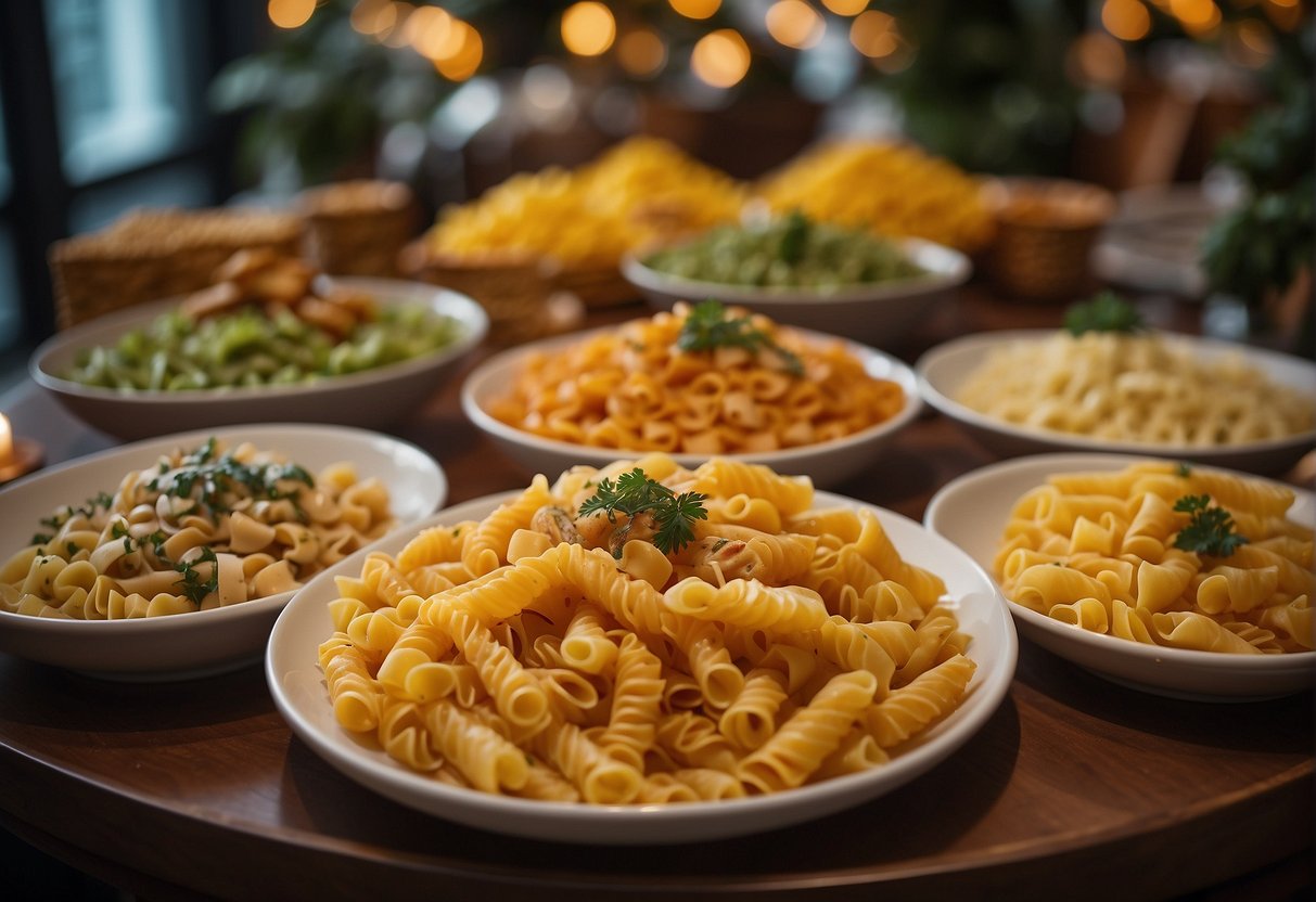 A table adorned with colorful pasta dishes, surrounded by festive decorations and promotional signs for Seasonal Pastamania Offers in Singapore