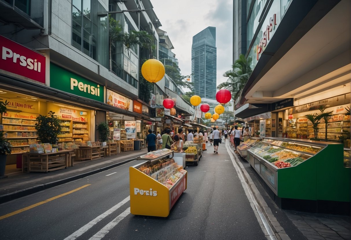 A bustling street in Singapore with colorful Persil promotions displayed in shop windows and on billboards