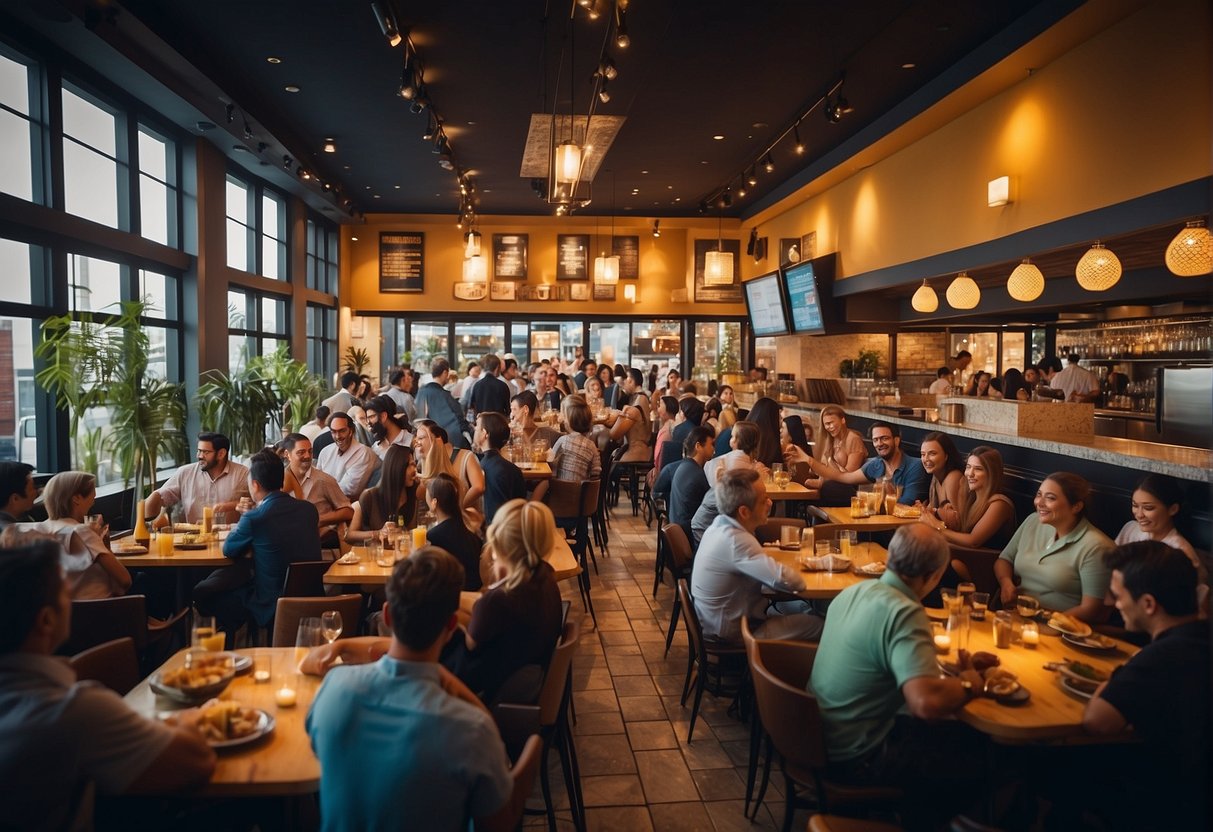 A crowded restaurant with a vibrant atmosphere, featuring colorful promotional displays and excited customers enjoying special offers