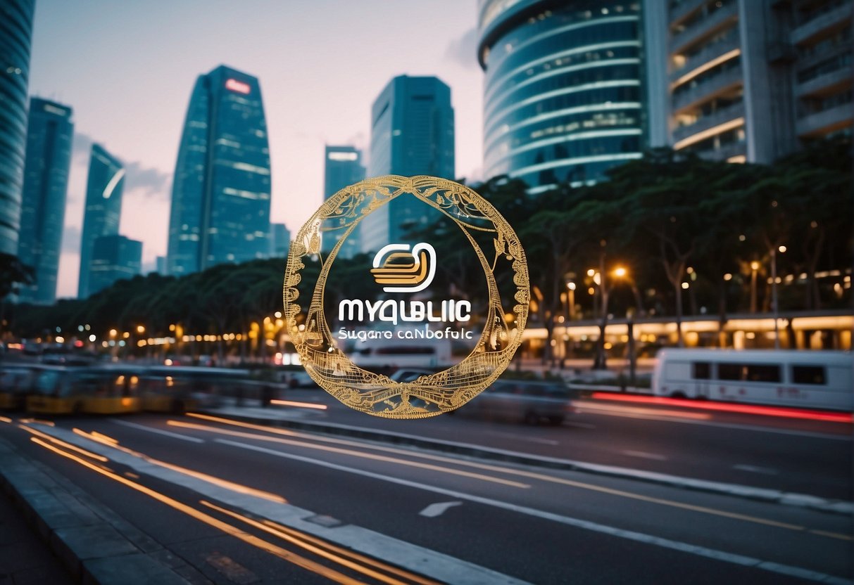 A vibrant cityscape with iconic Singapore landmarks and MyRepublic branding displayed prominently in the bustling streets