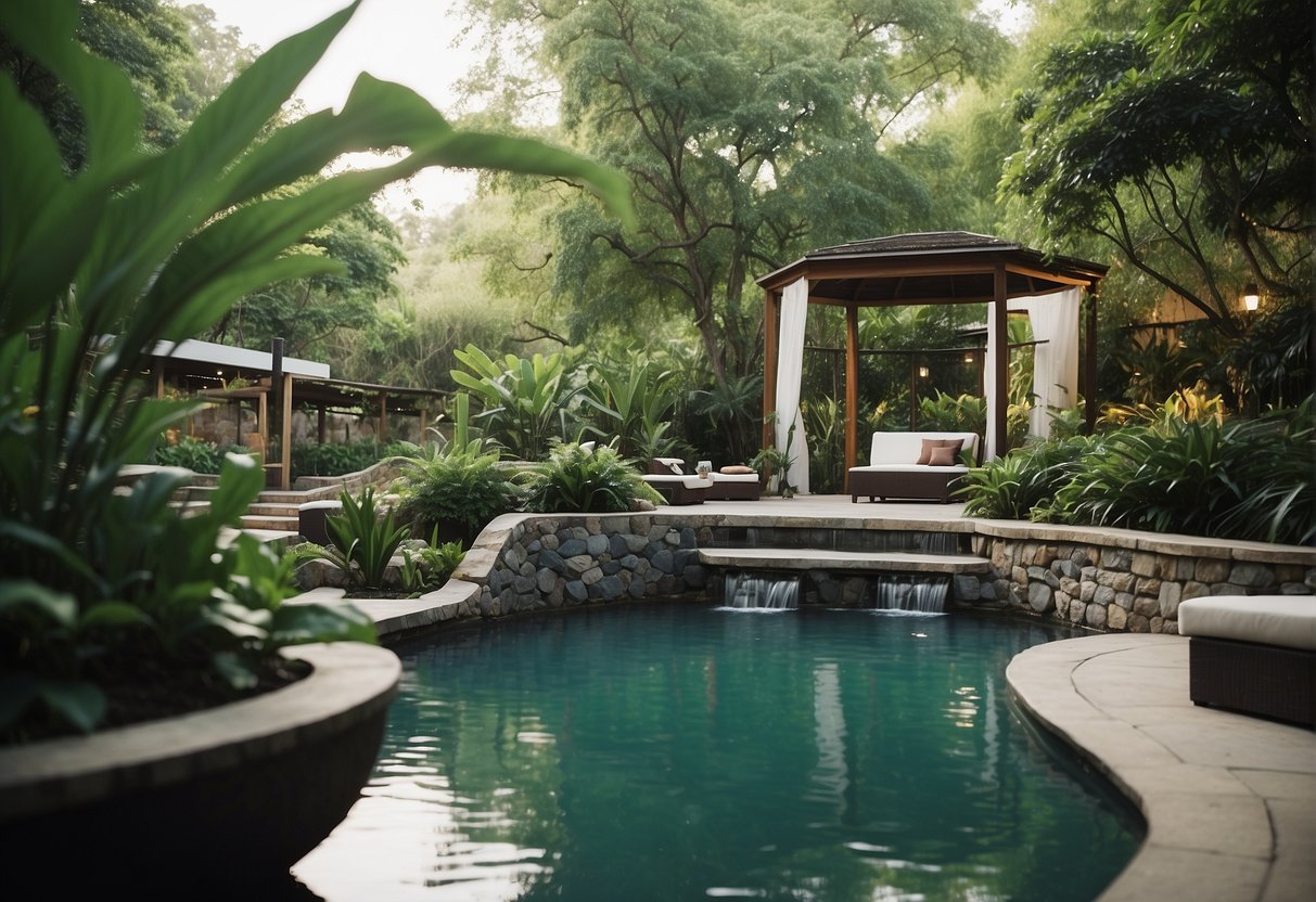 A serene spa with lush greenery, calming water features, and inviting relaxation areas