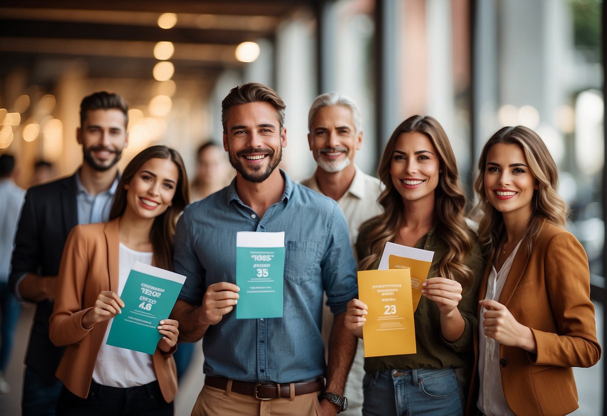 A group of happy customers holding promotional flyers, with a high net promoter score displayed in the background
