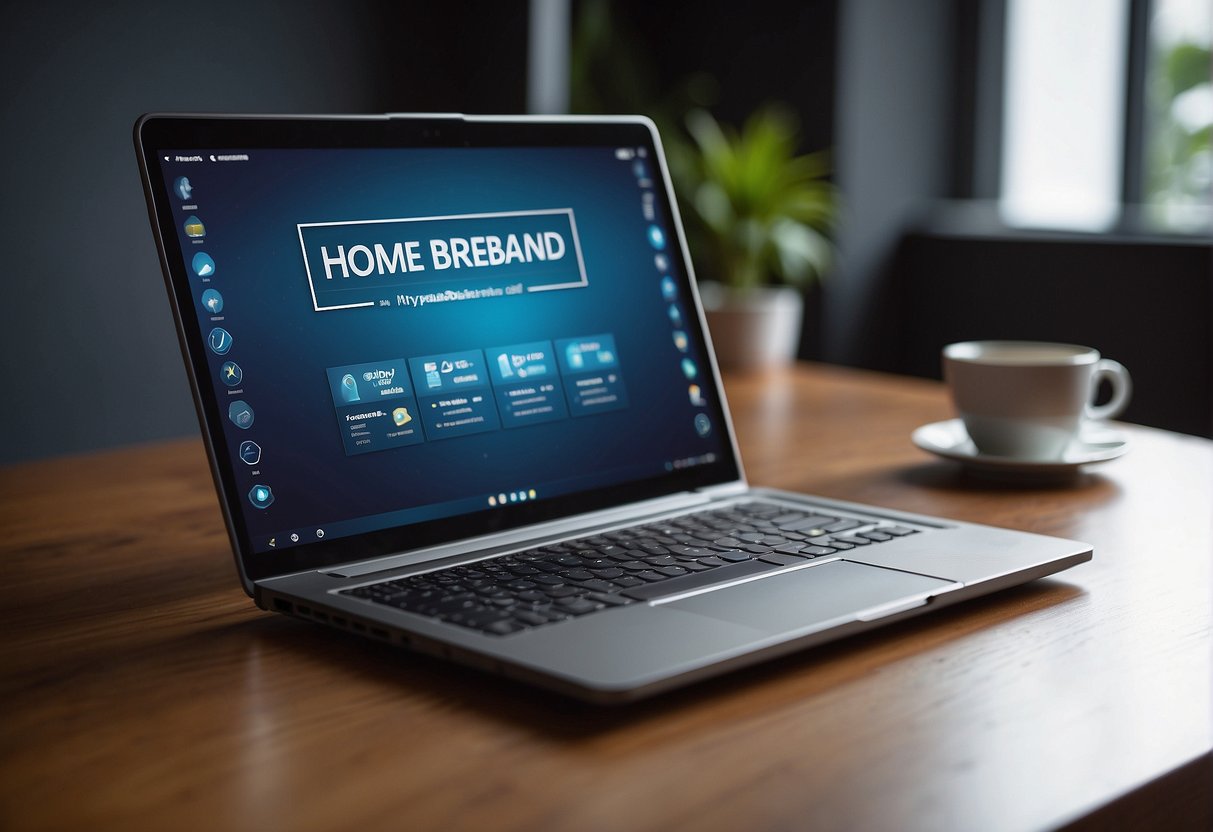 A laptop displaying "Home Broadband Offers" from MyRepublic with Singapore promotions