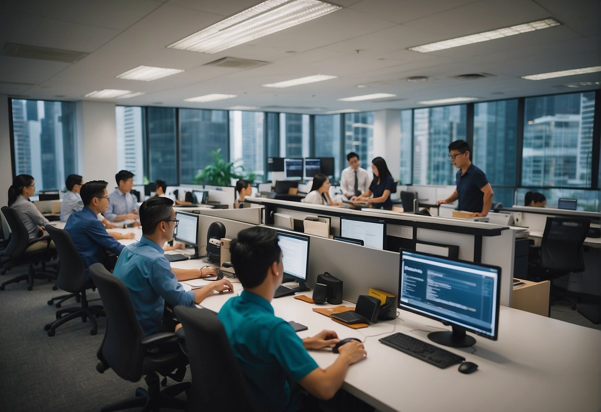 A bustling office with employees distributing NPS surveys and discussing promotion strategies in Singapore