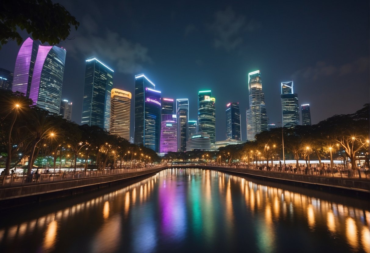 A vibrant cityscape with iconic Singapore landmarks and a prominent "Frequently Asked Questions" sign, surrounded by happy customers giving high net promoter scores