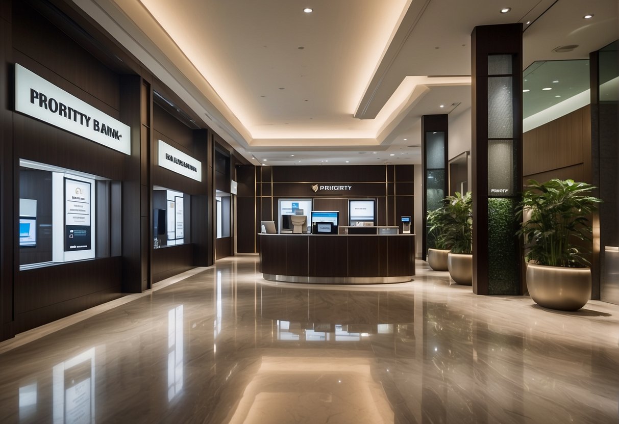 A luxurious bank branch in Singapore with prominent "Priority Banking" signage and promotional materials displayed throughout the space
